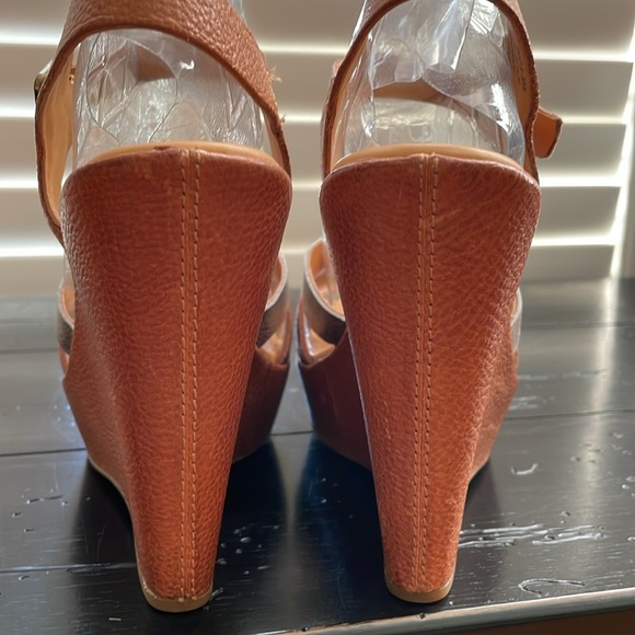 EUC Kork-Ease neutral tan and silver metallic strap high wedge sandals - Picture 3 of 12